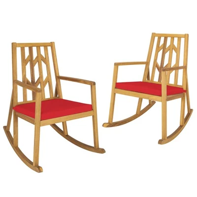 Set of 2 Outdoor Acacia Wood Rocking Chair Wooden Patio Rocker w/ Red Cushion - Image 1 of 4