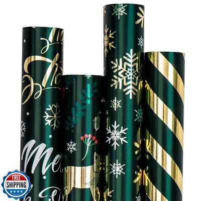 RUSPEPA 圣诞包装纸 - 深绿色雪花、动物、条纹和  — 第 1/4 张图片