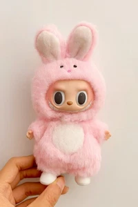 Pink Plush Bunny Jumpsuit Outfit Soft Furry Costume Set w/ Ears for Labubu Doll - Picture 1 of 1