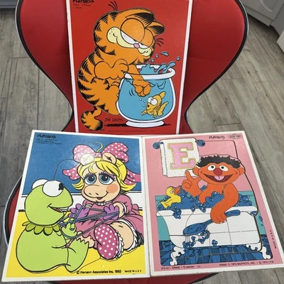 Lote de 3 rompecabezas de madera vintage Playskool Garfield, Kermit & Ms Piggy, Ernie Foto 1 de 4