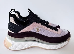 21K CHANEL PURPLE BEIGE SUEDE LEATHER FABRIC CC LOGO SNEAKERS 39.5 - Picture 1 of 13