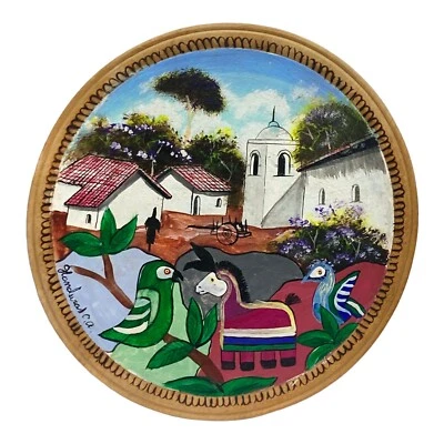 复古签名绘画木雕牌匾洪都拉斯风景村鸟驴 — 第 1/4 张图片