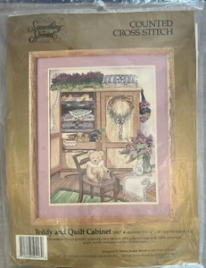 Vintage Something Special Counted Cross Stitch #50417 “Teddy and Quilt Cabinet” - Picture 1 of 2