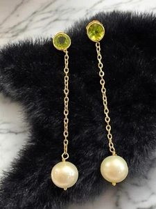 Gorgeous 14K Yellow Gold 7mm Pearl and Peridot Chain Dangle 1.25” Earrings! - Picture 1 of 24