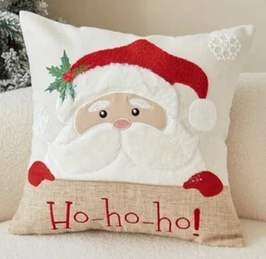 Santa Claus HO HO HO Embroidered Christmas Throw Pillow Cover Holiday Home Decor - Picture 1 of 3