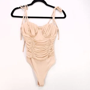 Body de malla Lulus talla XS rosa desnudo acanalado plisado corpiño a presión - Imagen 1 de 20