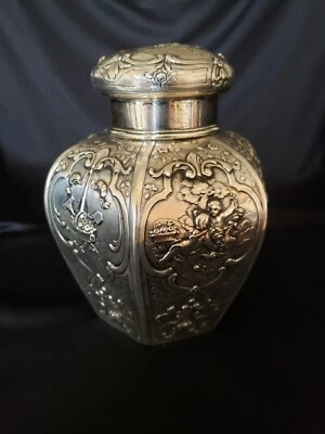 Antiguo carrito/bote de té alemán 800 plata Repousse Foto 1 de 4
