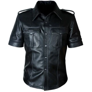 Mens Gay Police Uniform Shirt Genuine Cowhide Leather Short Sleeves Size(XS-7XL) - Picture 1 of 4