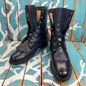 VTG Justin Boots Lac-R Blue Leather Kiltie Western Boots Womens 4.5B USA - Picture 1 of 11