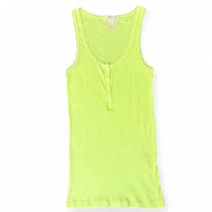 Victoria's Secret Y2K Lace Trim Button Long Ribbed Cami Tank Top Neon Yellow S - Picture 1 of 6