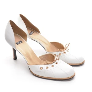 Ladies Stuart Weitzman Round d'Orsay Pumps 11 B White Brown Leather Heels Shoes - Picture 1 of 7