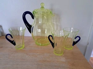 Fenton Ribbed Vaseline Glass Pitcher Set, Glasses Damage - Foto 1 di 24