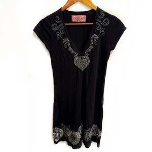 Johnny Was besticktes Kleid mit V-Ausschnitt schwarz-weiß Kurzarm Tshirtkleid S - Bild 1 von 6