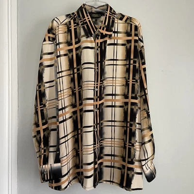 Vintage Monzini Collection Men’s XL Button Down Shirt Beige Black Plaid 80s 90s - Image 1 of 4