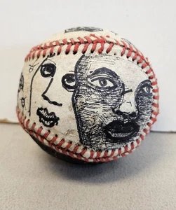 Vintage OUTSIDER ART Surreal Images Faces Robot Drawn on Baseball in Marker - Picture 1 of 4