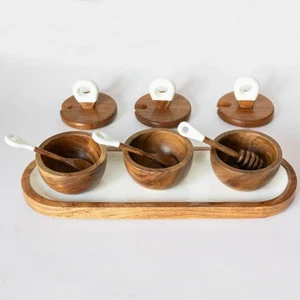 Charcuterie Bowls, 7pc Set - 3 Small Acacia Wooden Bowls with Lids, 1 Tray, a... - Picture 1 of 3
