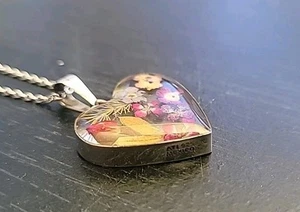 Heart Pendant Real Flowers In Resin 925 Sterling Silver Chain VINTAGE 18" - Picture 1 of 13