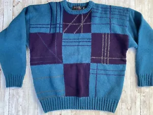 vintage Men’s sweater Size XL wool shetland 80s 90s Blue Color Block - Picture 1 of 9
