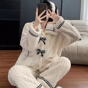 Womens Pajamas Warm Fleece Pajamas Set Pants Loose Loungewear Sleepwear Winter - Picture 1 of 13