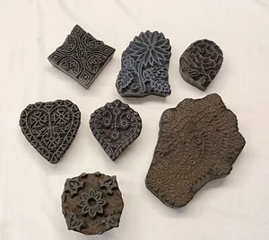 7 Vtg Carved Wood PRINT BLOCKS STAMPS Textile Fabric Batik India LOT/7 - Picture 1 of 7
