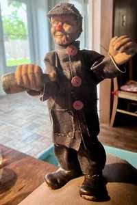 Vintage Porcelain Hobo Clown Doll w/bottle Denim Jacket & Pants 12 inches. - Picture 1 of 9