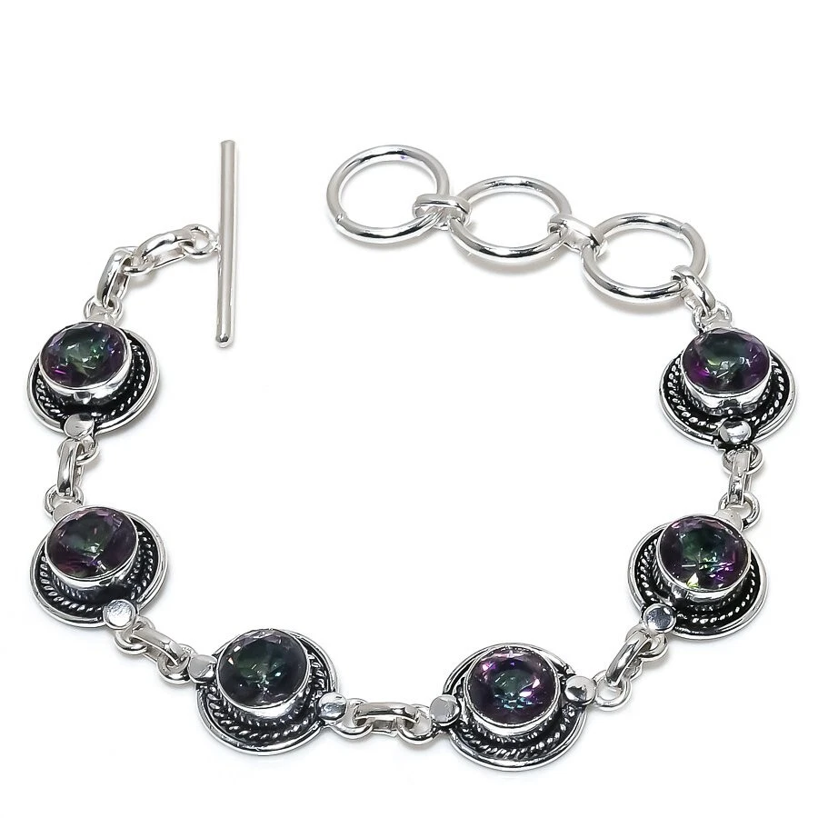 Mystic Topaz Gemstone Handmade 925 Sterling Silver Jewelry Bracelet Sz 7-8" - Image 1 of 1