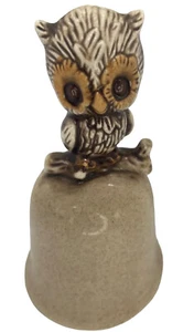 Ceramic Baby Owl Bell Brown Sitting on Stump Bell Sunflower Eyes 4” Tall - Picture 1 of 7