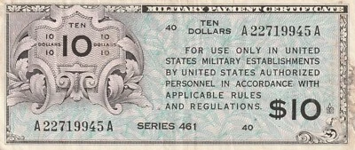 US MPC Military Payment Certificate 10 Dollars 1946 M7 Series 461 - Image 1 of 2