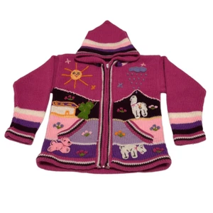 Hand knit zip up Girls Sweater Jacket. April showers! Flat lat 14”P, 17” L. - Picture 1 of 13