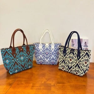 Large Capacity Knitted Bag Geometric Pattern Travel Handbag Retro Tote Bag - Picture 1 of 21