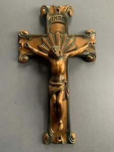 antique vintage coppered bronze Catholic crucifix Jesus cross funeral coffin  - Picture 1 of 8