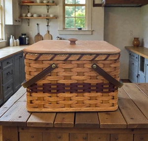 Amish Double Pie Carrier Basket Gingerich Style Square With Leather Handles - Picture 1 of 24