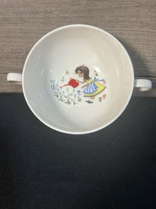 VTG Pickard Hand Decorated Child’s Two Handled Bowl/Mug, Girl Watering Flowers - Picture 1 of 6