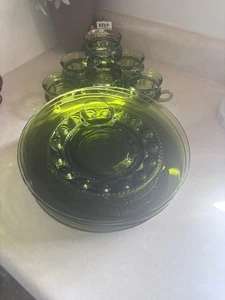 6 Vtg Indiana Green Glass Kings Crown Thumbprint Snack Luncheon Plate W/Cup Sets - Picture 1 of 4