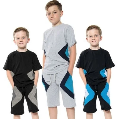 A2Z 4 Bambini Ragazzi T-Shirt Pantaloncini Set Contrasto Pannelli 100% Cotone - Immagine 1 di 3
