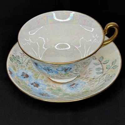 VTG 1950 Hand Painted Teacup & Saucer Blue Floral Gold Trim Lustreware England - image 1 of 4