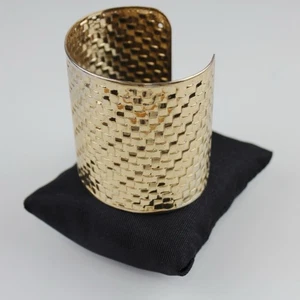 Gold Tone Cuff Bracelet - Textured Woven Pattern - Cut-Out Detail - Picture 1 of 8