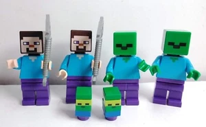 LEGO Minecraft Minifigures: 2 Steves w Stone Pickaxe Accessories & 2 Zombies - Picture 1 of 12