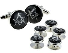 Masonic Cufflinks Set: Black & Silver with Square Compass, with 5 Button Studs