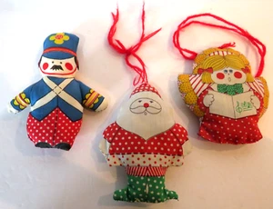 Vtg Fabric Christmas Tree Ornaments Handmade Angel Santa Soldier Retro Set of 3 - Picture 1 of 8