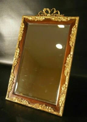 Espejo de mesa francés antiguo de madera con marco de bronce. Foto 1 de 4