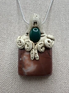 Artisan Jasper & Emerald Polymer Clay Handmade Pendant Sterling Silver Necklace - Picture 1 of 6