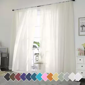 Ivory Sheer Curtains 96 Inch Length 2 Panels Set, Elegant Light Filtering Voile  - Picture 1 of 12