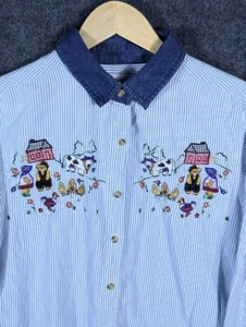 Vintage Top Medium Striped Farm Animal Embroidery Button Up Shirt Cabin Creek - Picture 1 of 11