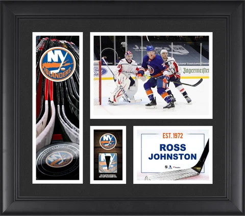 Ross Johnston Islanders FRMD 15" x 17" Player Collage with a Piece of GU Puck Cover