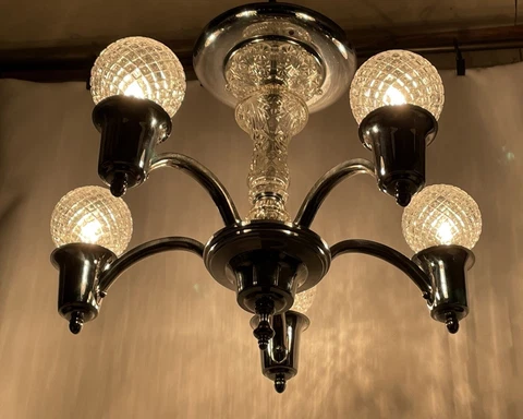 Antique Vtg Art Deco Chandelier 20s 30s 40s Flush Ceiling Light Silver Nickel Cover