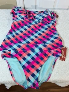 Tankini Oberteil und Unterteil Badeanzug Regenbogen kariert marineblau pink Gr. LG neu mit Etikett Arizona Jeans  - Bild 1 von 8