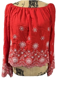 Misguided Bardot Crop Top Red Embroidered Bell Sleeve New With Tags Size 6 - Picture 1 of 14