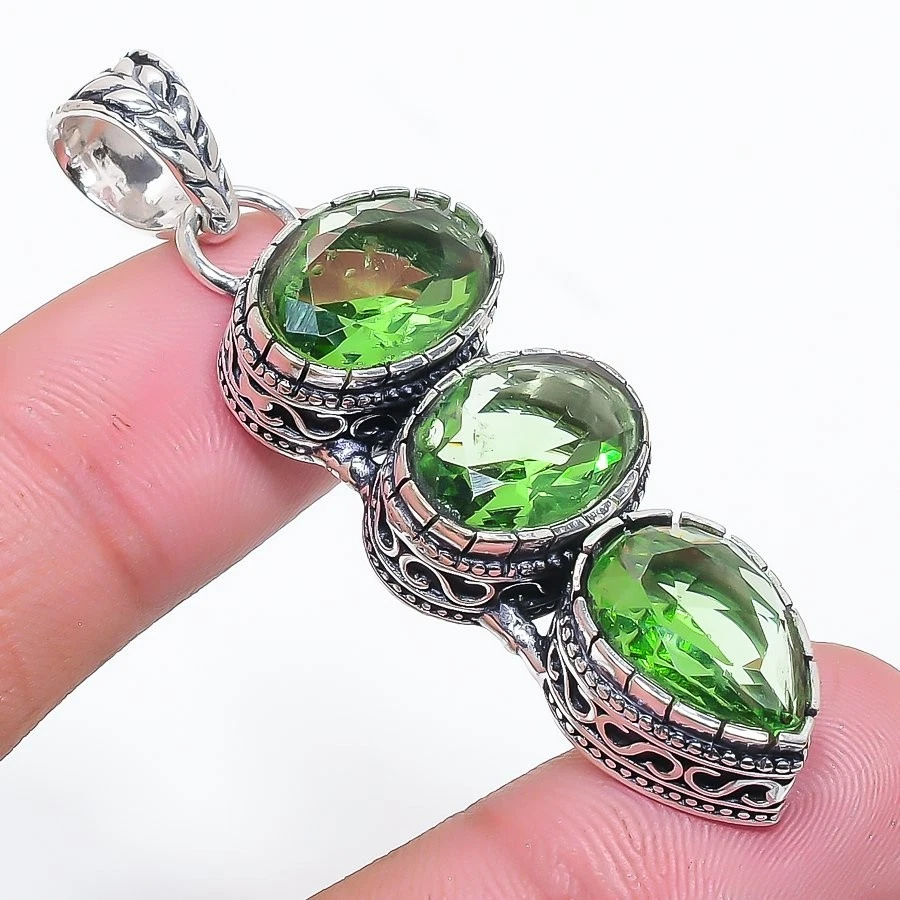 Green Tsavorite Gemstone Handmade 925 Sterling Silver Jewelry Pendant Size 2.25" - Image 1 of 1