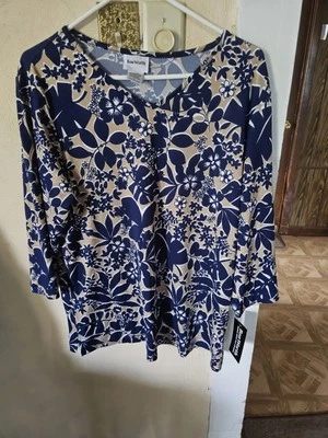 Blusa para mujer Bon Worth azul marino tostada talla mediana nueva con etiquetas elegante informal oficina floral Foto 1 de 4
